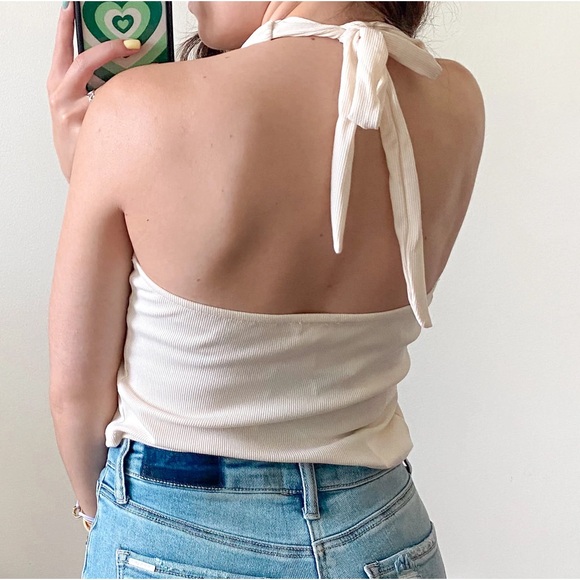 Cream Ribbed Halter V Neck Neck Cropped Top - Picture 5 of 5